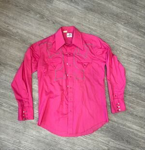 ⁠VTG 70s Tem Tex Pink Western Pearl Snap Shirt Embroidered Yoke Mens 16.5 x 34